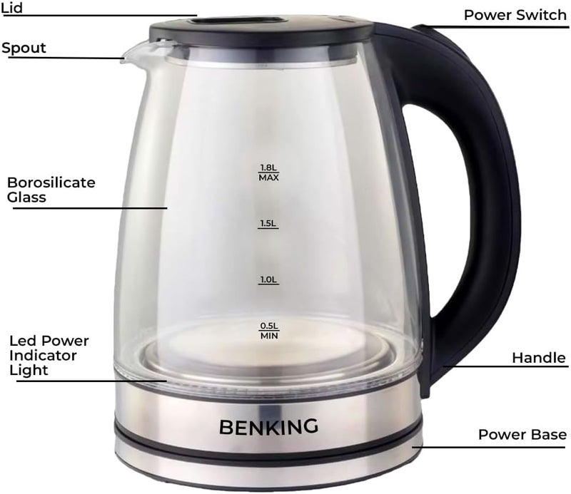 BENKING Electric Water Kettle Water Boiler Electric Auto Shutoff Double Layered Cool Touch Outer Body Cool Touch Electric Kettle Transparent (1.8L) - Image 4