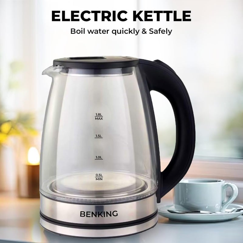 BENKING Electric Water Kettle Water Boiler Electric Auto Shutoff Double Layered Cool Touch Outer Body Cool Touch Electric Kettle Transparent (1.8L) - Image 3