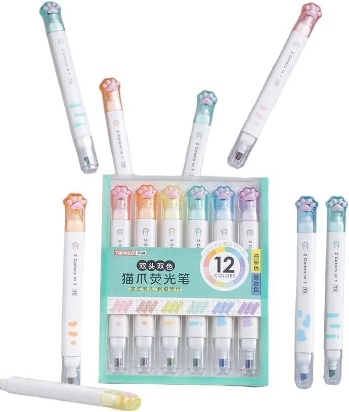 HUBTURE Cute Cat Paw Highlighter Chisel Pen, 12 Color Highlighter Pens Set, Pack of 6 Highlighter Pen, Dual Tip (Multicolor) - Image 1