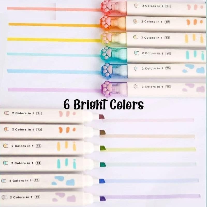 HUBTURE Cute Cat Paw Highlighter Chisel Pen, 12 Color Highlighter Pens Set, Pack of 6 Highlighter Pen, Dual Tip (Multicolor) - Image 2