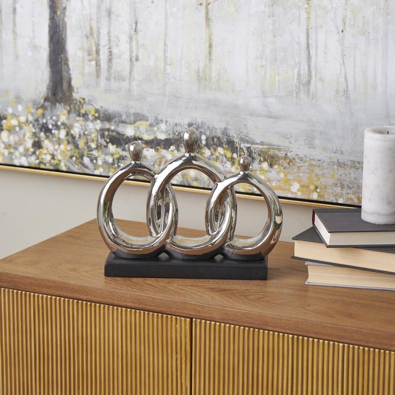 Deco 79 Ceramic Family 3 Figure Sculpture with Black Rectangular Base, 12" x 1" x 10", Silver - Image 2