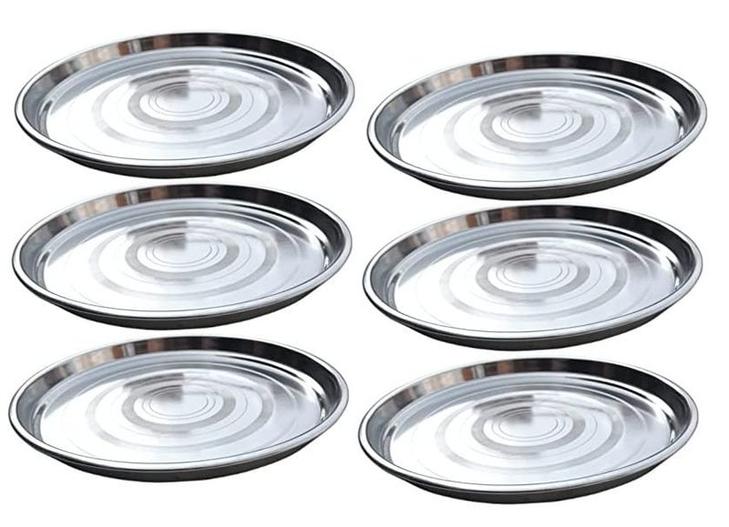 Dynore Set of 6 Stainless Steel Round Heavy Gauge Dinner Plate with Circle Design/Eating Plate/Bhojan Thali/Thattu/Round Dinner Plate/Thali/Regular Use Dishes/Serving Plates - Image 1