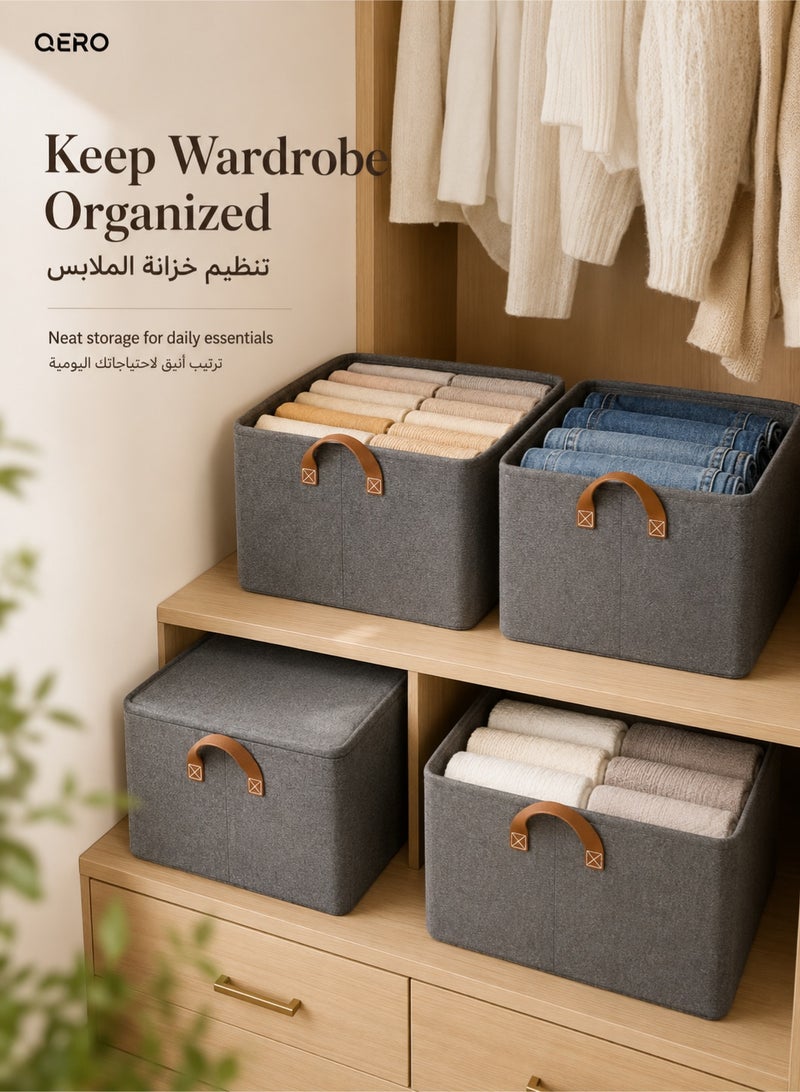 كيورو QERO صناديق تخزين قابلة للطي للخزانة، طقم منظم من 4 قطع مقاس 47 × 28 × 20 سم بإطارات معدنية ومقابض للملابس والمفروشات، رمادي - Image 4