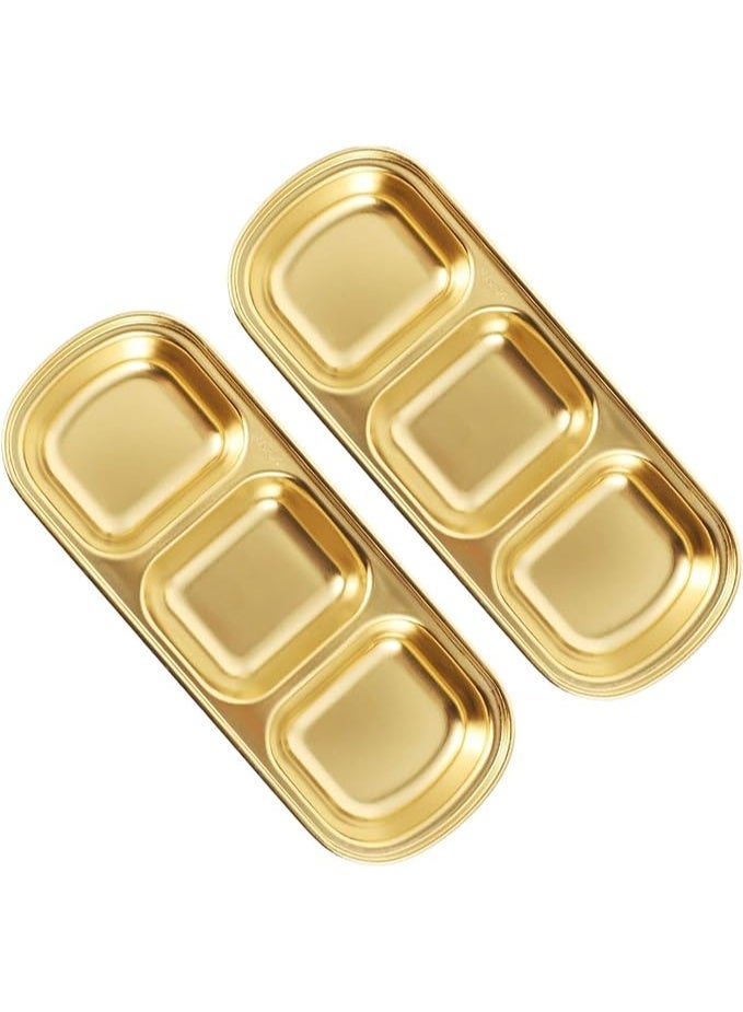 2-Piece Set – Golden Stainless Steel Tray with 3 Compartments - Image 1