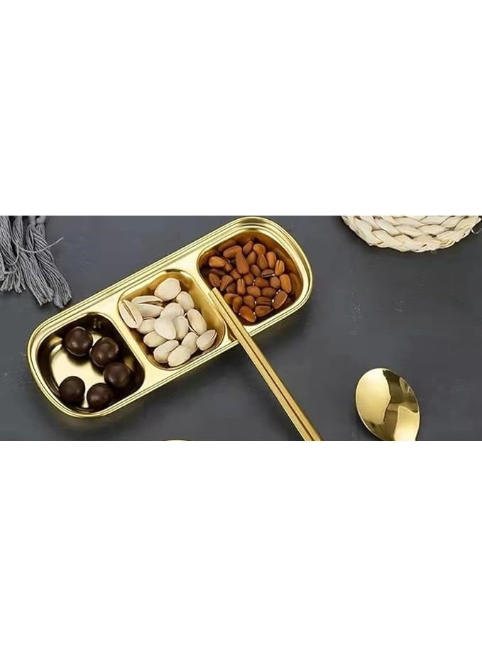2-Piece Set – Golden Stainless Steel Tray with 3 Compartments - Image 5