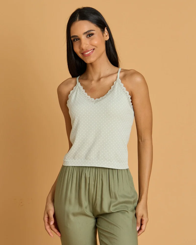 Redtag Women Mint Seamless Rib Cami Top With Lace