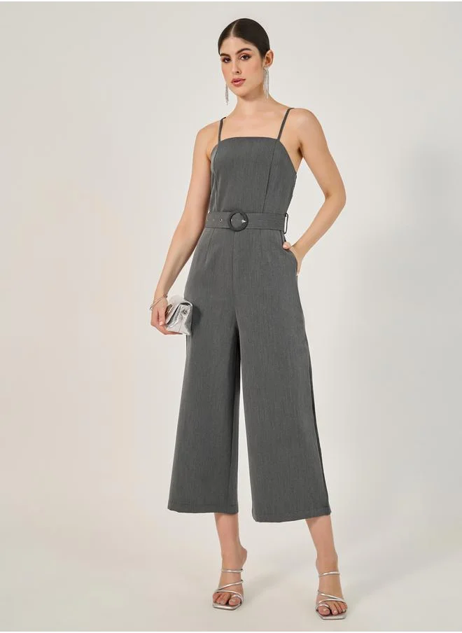 Styli Solid Belted Sleeveless Jumpsuit