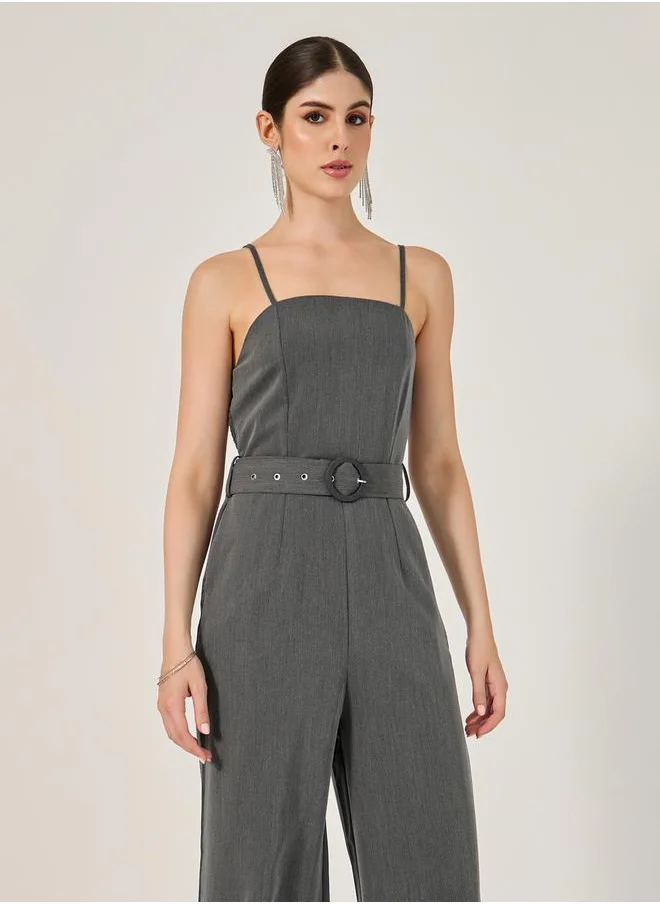 Styli Solid Belted Sleeveless Jumpsuit