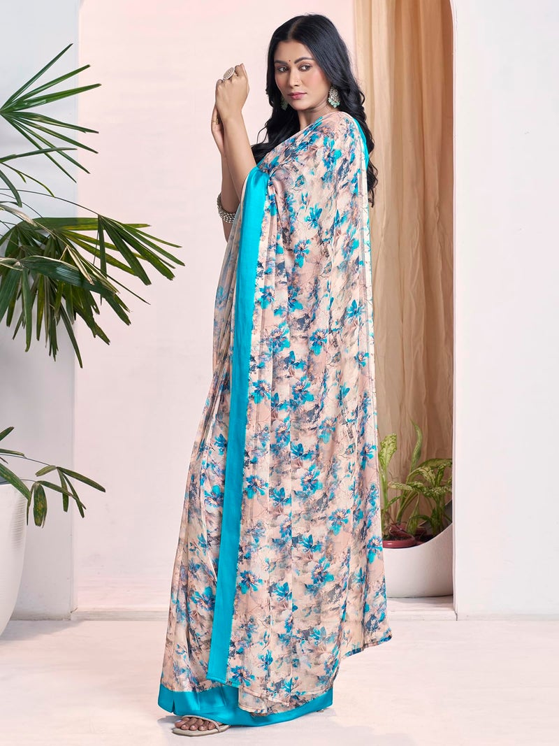 Satrani Women's Georgette Floral Printed & Satin Border Ready To Wear Saree with Unstitched Blouse Piece (58RS174_Teal Blue & Off White) - Image 2
