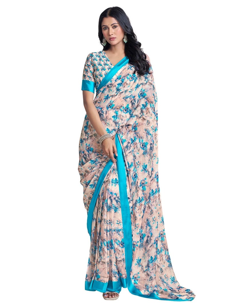Satrani Women's Georgette Floral Printed & Satin Border Ready To Wear Saree with Unstitched Blouse Piece (58RS174_Teal Blue & Off White) - Image 1
