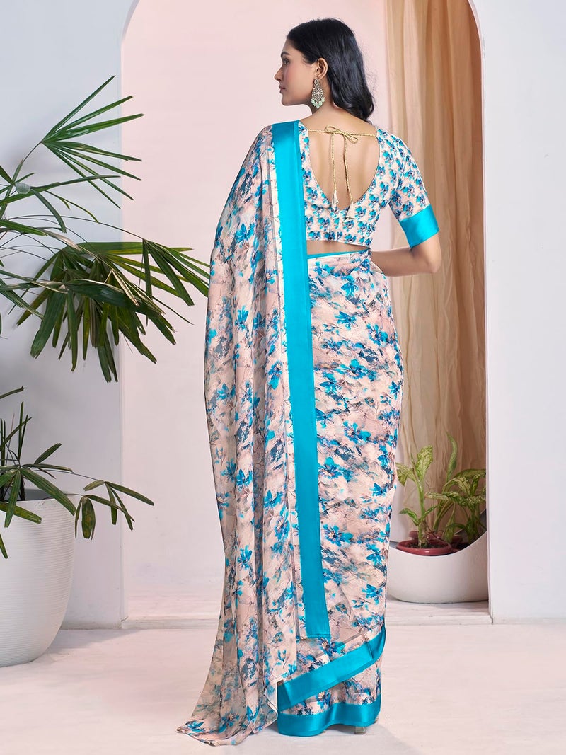 Satrani Women's Georgette Floral Printed & Satin Border Ready To Wear Saree with Unstitched Blouse Piece (58RS174_Teal Blue & Off White) - Image 3