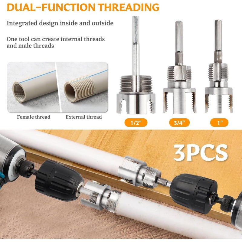 6 Pieces Heavy Duty Internal External Pipe Thread Tool Set 3 Dies 3 Extension Rods Compatible with Drilling Machines Electric Drills PVC Plastic Pipe Threads Suitable for 1 2 Inch 3 4 Inch 1 Inch Pipes Material Plastic Carbon Steel - Image 3