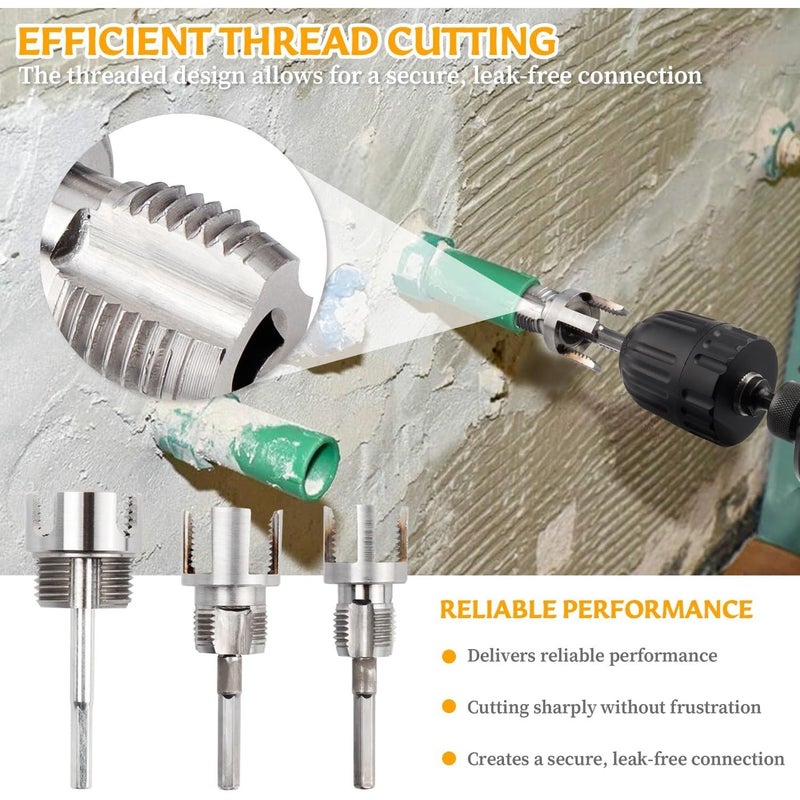 6 Pieces Heavy Duty Internal External Pipe Thread Tool Set 3 Dies 3 Extension Rods Compatible with Drilling Machines Electric Drills PVC Plastic Pipe Threads Suitable for 1 2 Inch 3 4 Inch 1 Inch Pipes Material Plastic Carbon Steel - Image 2