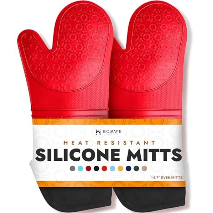 HOMWE BPA-Free Soft Silicone Oven Mitts Ultra Heat Resistant Oven Mitts with Thick Cotton Liner Extra Long Slip Resistant Pot Holders, Flexible Oven Gloves Red/Black 14.7" - Image 4