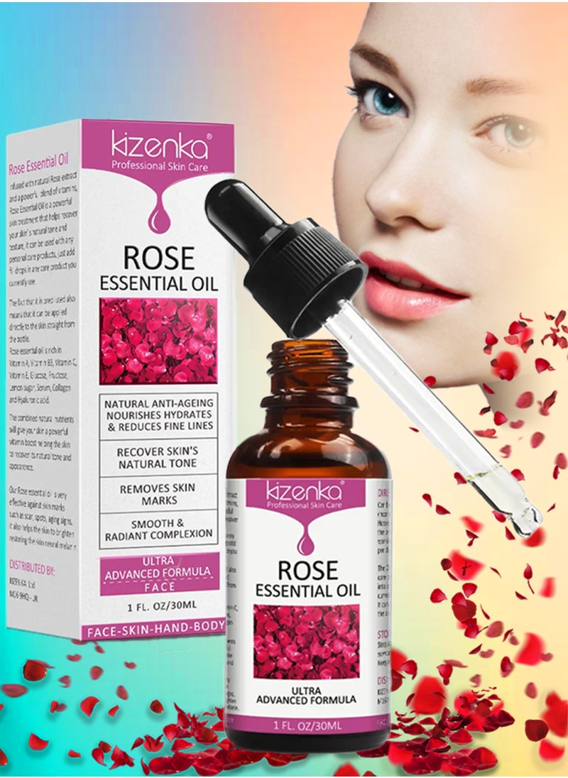 kizenka - Rose Essential Oil Face Rose Oil Moisturizer Rose Oil Anti Ageing and Anti Wrinkle Serum Rose Oil for Face Skin Care Reduce Fine Lines and Skin Marks Face Serum with Rose Extract 30ml - Image 1