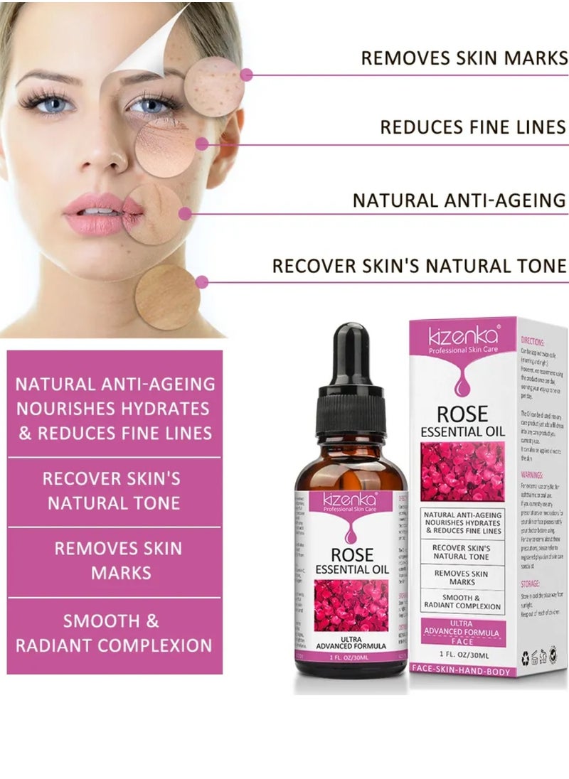 kizenka - Rose Essential Oil Face Rose Oil Moisturizer Rose Oil Anti Ageing and Anti Wrinkle Serum Rose Oil for Face Skin Care Reduce Fine Lines and Skin Marks Face Serum with Rose Extract 30ml - Image 1