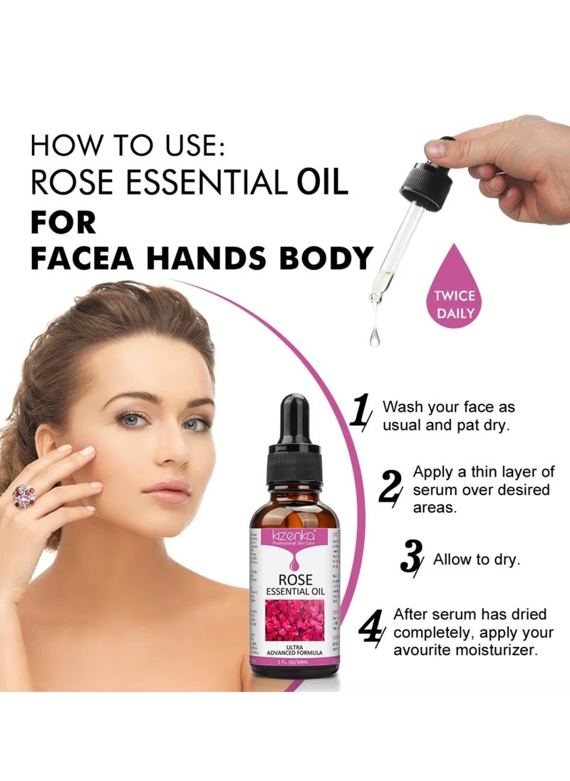 kizenka - Rose Essential Oil Face Rose Oil Moisturizer Rose Oil Anti Ageing and Anti Wrinkle Serum Rose Oil for Face Skin Care Reduce Fine Lines and Skin Marks Face Serum with Rose Extract 30ml - Image 1