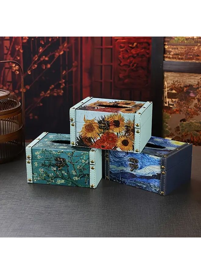 Vintage Oil Painting Faux Leather Tissue Box Cover Daisy Color Home Car Decor - Image 3