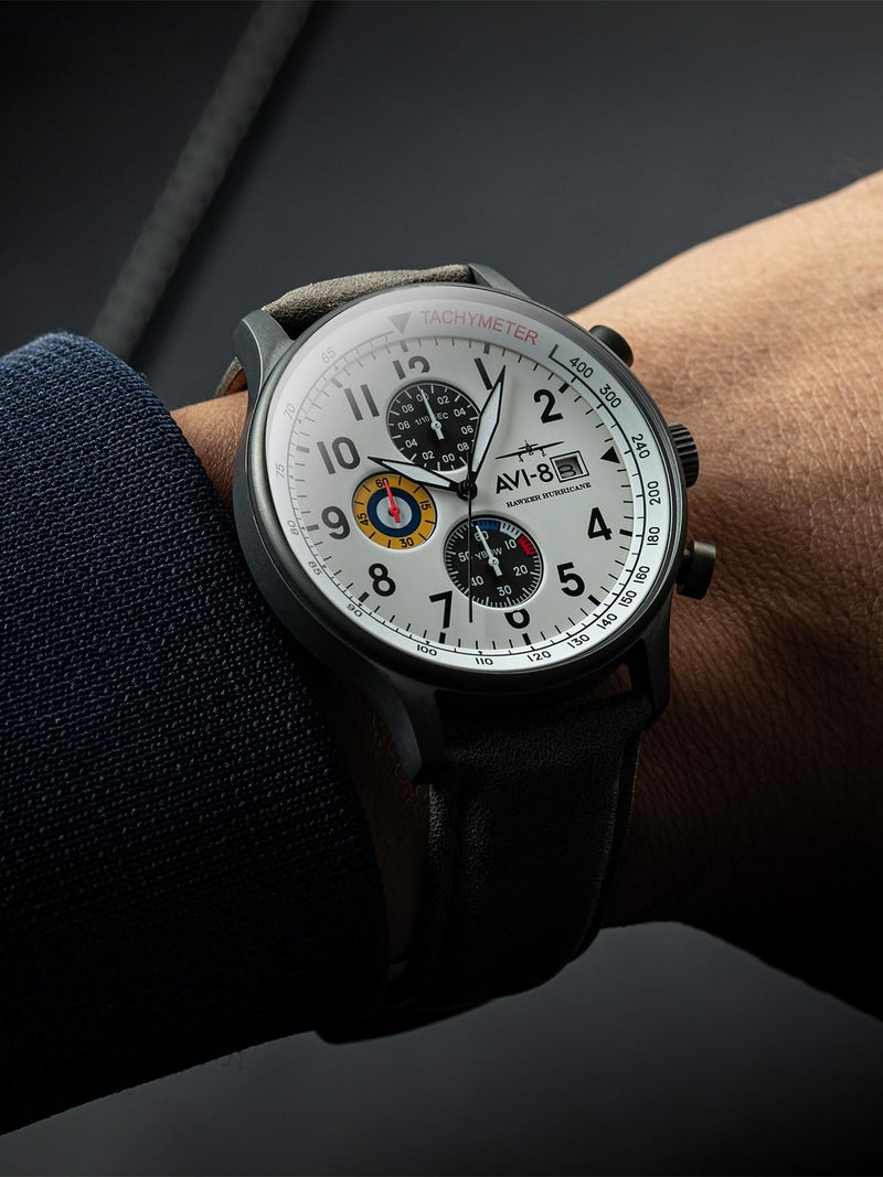 AVI-8 Men's 42mm Hawker Hurricane Classic Chronograph Ivory Grayscale Watch with Leather Strap AV-4011-0B - Image 4