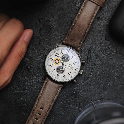 AVI-8 Men's 42mm Hawker Hurricane Classic Chronograph Ivory Grayscale Watch with Leather Strap AV-4011-0B - Image 3