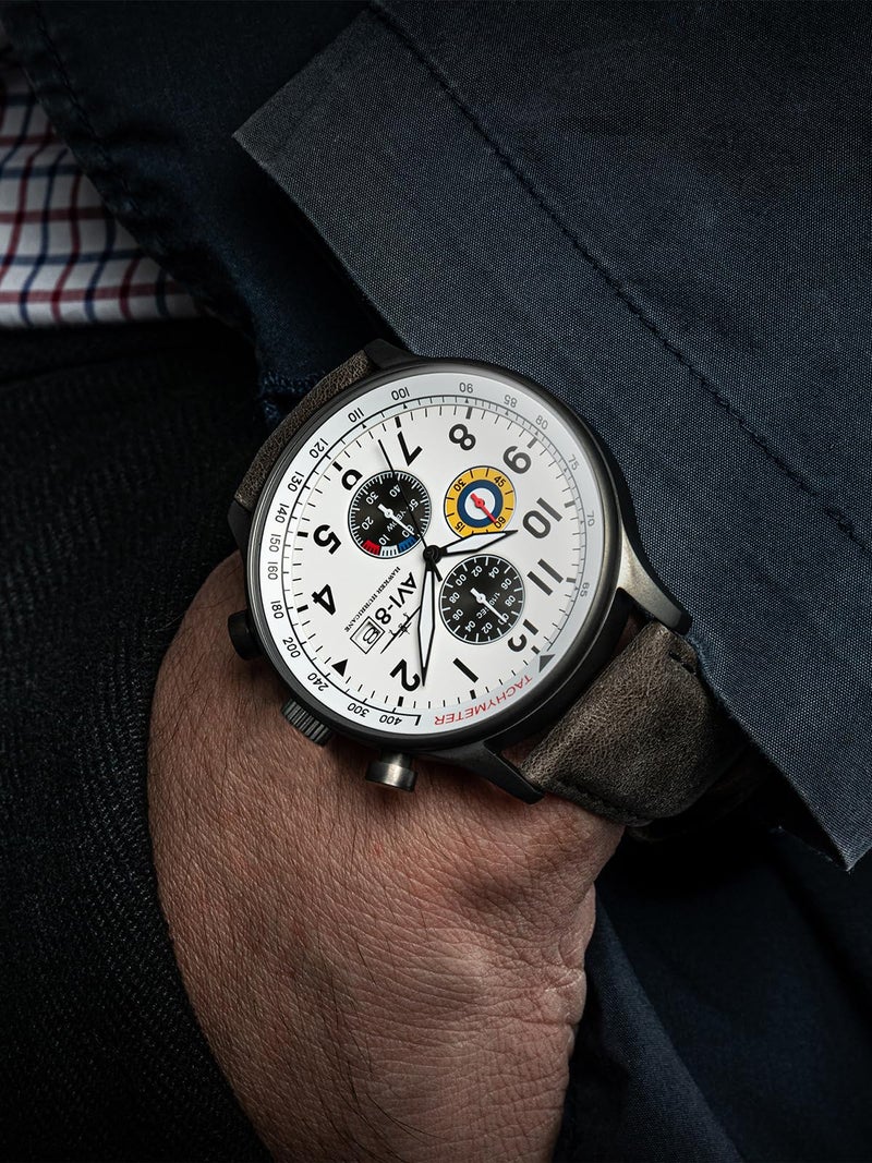 AVI-8 Men's 42mm Hawker Hurricane Classic Chronograph Ivory Grayscale Watch with Leather Strap AV-4011-0B - Image 2