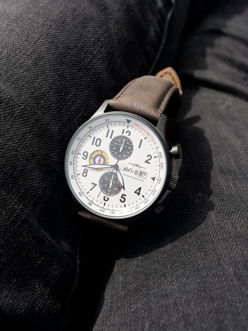 AVI-8 Men's 42mm Hawker Hurricane Classic Chronograph Ivory Grayscale Watch with Leather Strap AV-4011-0B - Image 5