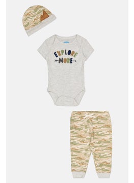 Bon Bebe Toddlers Boy 3 Pcs Romper, Sweatpants And Beanie Set, Grey Combo  - Image 1
