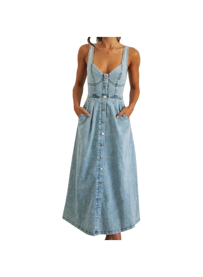 Europe And The United States Cross-border Summer Women's Denim Distressed Strap Single Row Of Buttons Long Dress