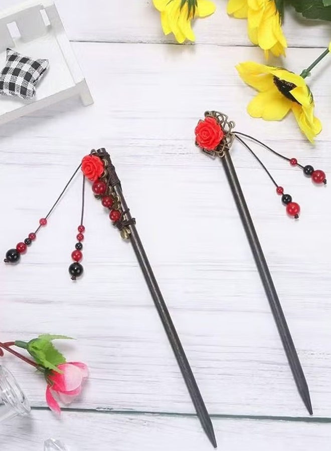 قطعتان من مشابك الشعر الخشبية العتيقة، مشابك شعر مزينة بأزهار، مشابك شعر خشبية مصنوعة يدويًا، إكسسوارات شعر كلاسيكية للشعر الطويل المجعد للنساء - Image 3