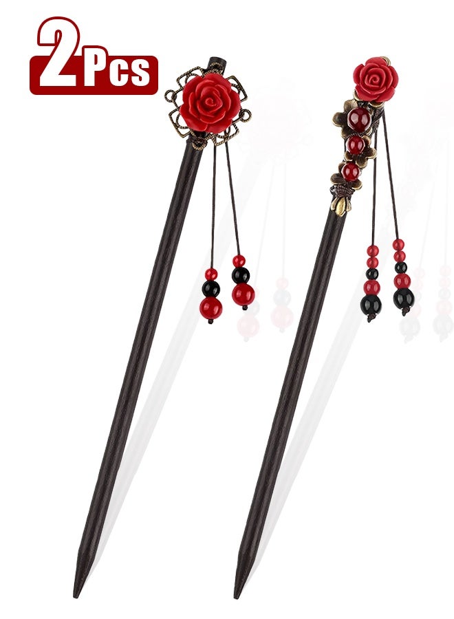 قطعتان من مشابك الشعر الخشبية العتيقة، مشابك شعر مزينة بأزهار، مشابك شعر خشبية مصنوعة يدويًا، إكسسوارات شعر كلاسيكية للشعر الطويل المجعد للنساء - Image 1