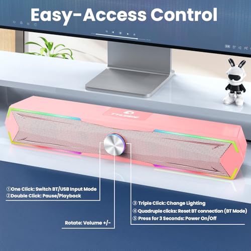 Tylubio Computer Speakers for Pc Desktop with Clear Sound, Flowing LED PC Speaker for Computer Desktop Laptop Monitor, Bluetooth & USB Input - Pink - Image 5