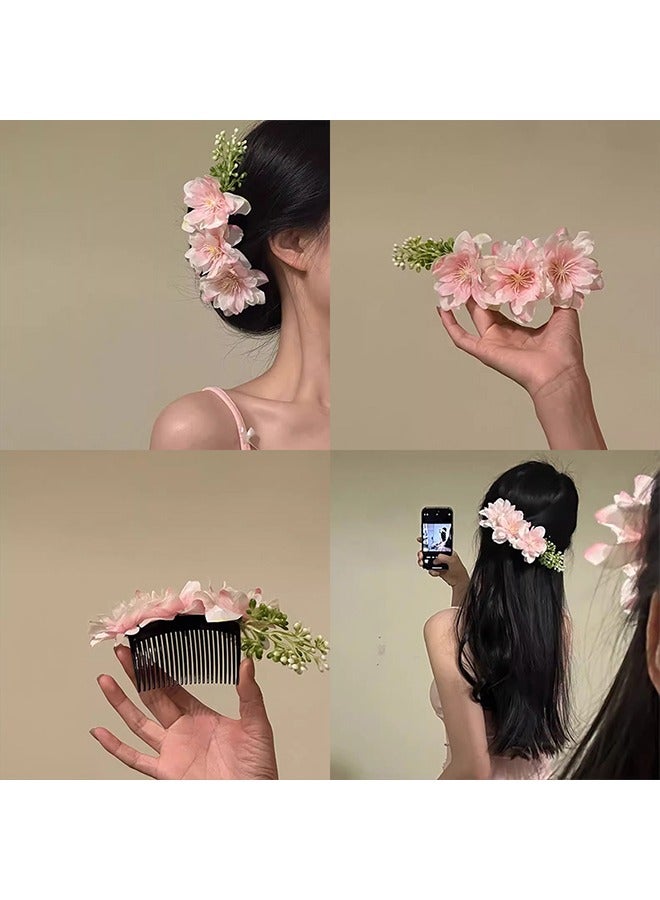 Large Flower Hair Comb Pink Floral Hair Side Comb Hawaiian Hair Clip Bohemian Hair Accessories for Women - Image 2