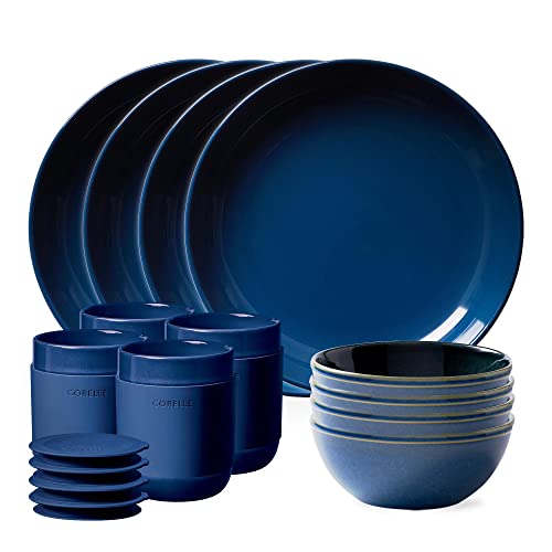 Corelle مجموعة أدوات مائدة من كوريل ستونوير، أطباق وأوعية خزفية يدوية الصنع مع طلاء تفاعلي وصلب، تصميم ريفي عصري لأطباق مستديرة، خدمة لأربعة أشخاص، مجموعة من 16 قطعة، لون كحلي - Image 1