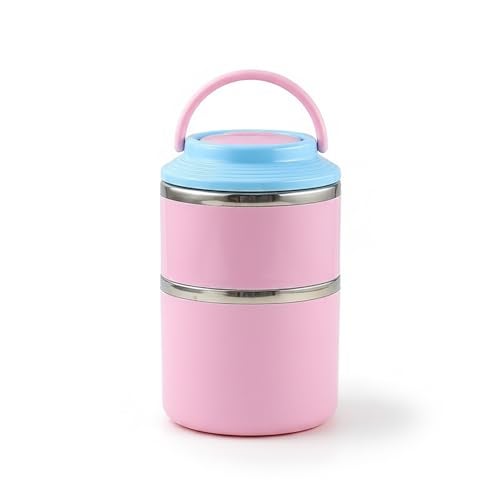 House of Quirk 2 Layer 304 Stainless Steel Round Lunch Box for Office, Portable Multi-Layer Lunch Bucket, Large Capacity Leak-Proof Food Container with Rice Storage (Pink) - Image 1