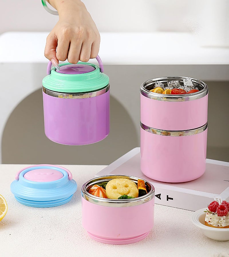 House of Quirk 2 Layer 304 Stainless Steel Round Lunch Box for Office, Portable Multi-Layer Lunch Bucket, Large Capacity Leak-Proof Food Container with Rice Storage (Pink) - Image 3