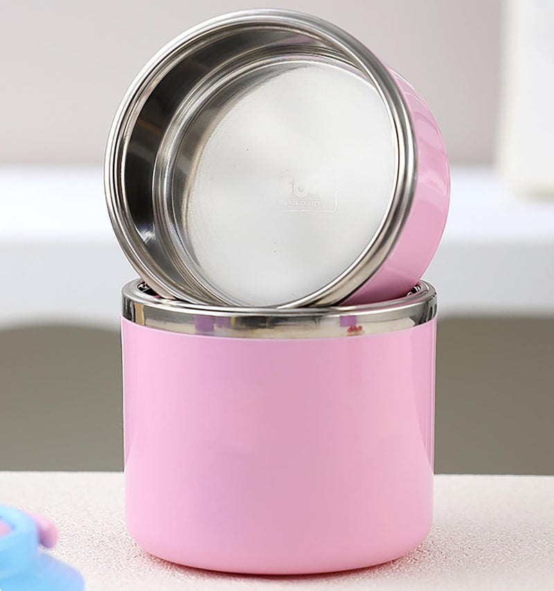 House of Quirk 2 Layer 304 Stainless Steel Round Lunch Box for Office, Portable Multi-Layer Lunch Bucket, Large Capacity Leak-Proof Food Container with Rice Storage (Pink) - Image 2