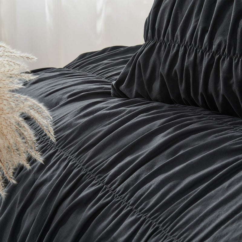 Bonlino Queen Comforter Set - Black Boho Shabby Chic Bedding for Bedroom - Fluffy 3 Piece Ruffle Comforter Set with Pillow - Image 3