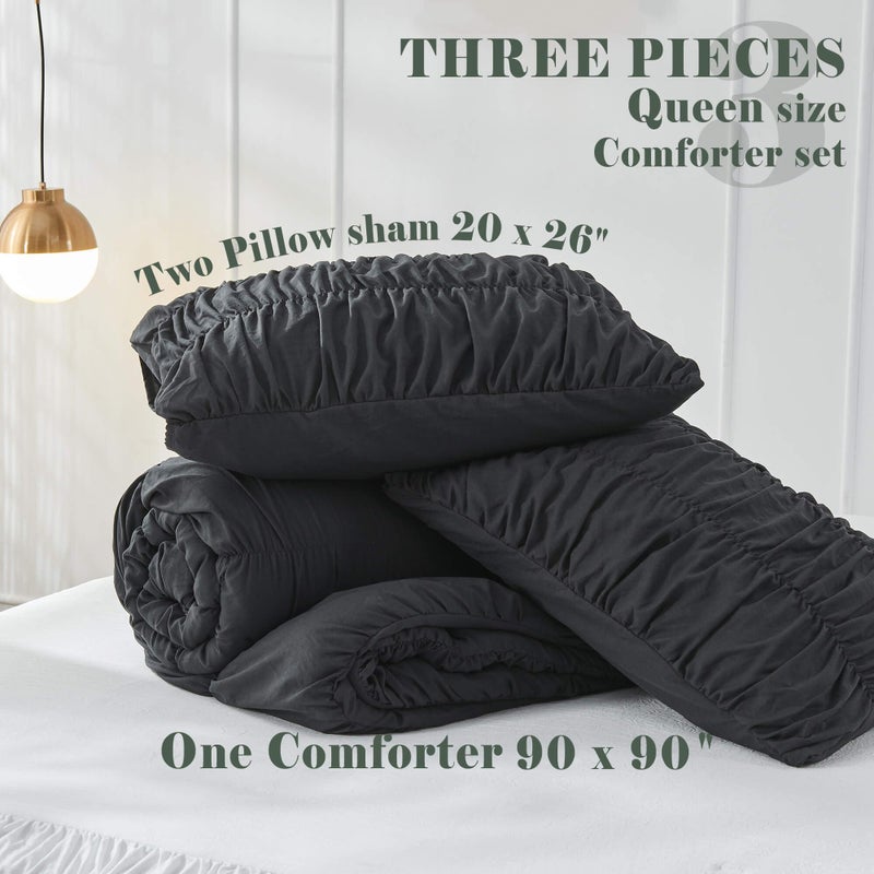 Bonlino Queen Comforter Set - Black Boho Shabby Chic Bedding for Bedroom - Fluffy 3 Piece Ruffle Comforter Set with Pillow - Image 5