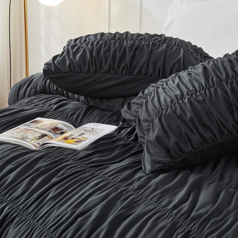 Bonlino Queen Comforter Set - Black Boho Shabby Chic Bedding for Bedroom - Fluffy 3 Piece Ruffle Comforter Set with Pillow - Image 4