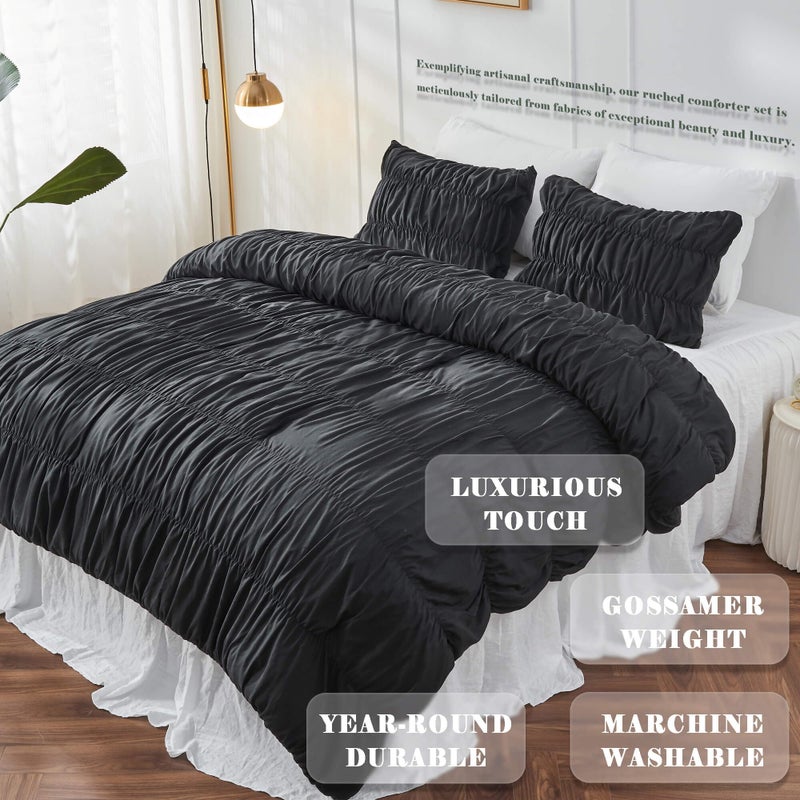 Bonlino Queen Comforter Set - Black Boho Shabby Chic Bedding for Bedroom - Fluffy 3 Piece Ruffle Comforter Set with Pillow - Image 2