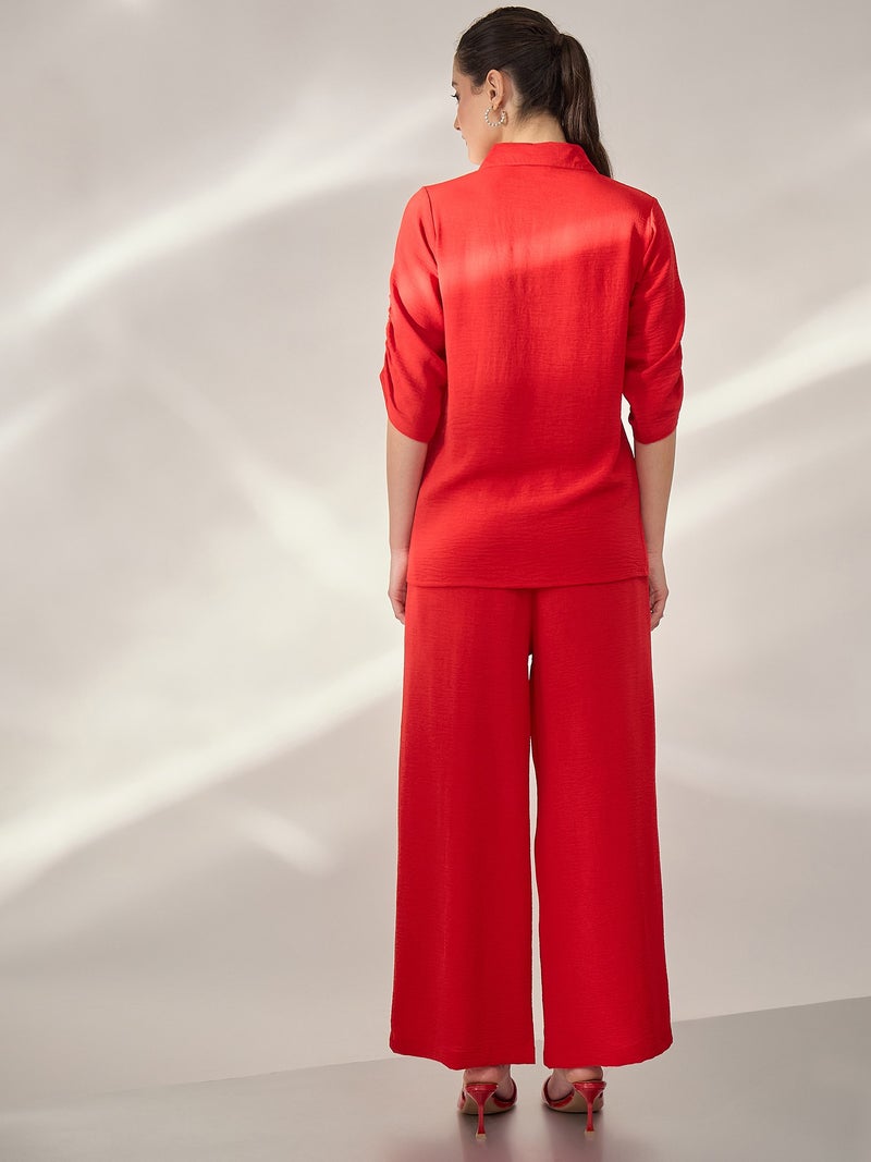 بانيت طقم متناسق (Co-ord Set) قميص مطرَّز بياقة كلاسيكية مع بنطلون - أحمر - Image 1