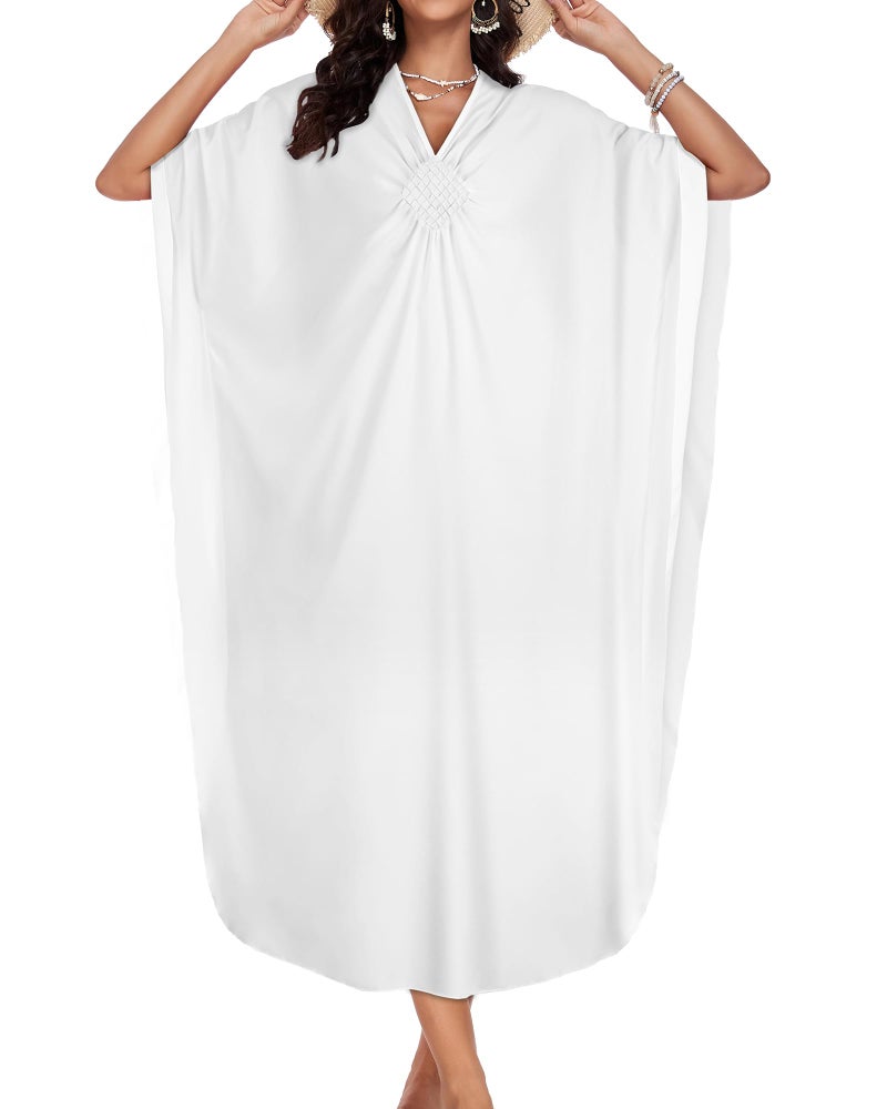 JILUVIN Kaftan Dresses for Women Plus Size V Neck Caftans Long Batwing Sleeve Beach Cover Ups Summer Floral Print Dress (White,One Size) - Image 5