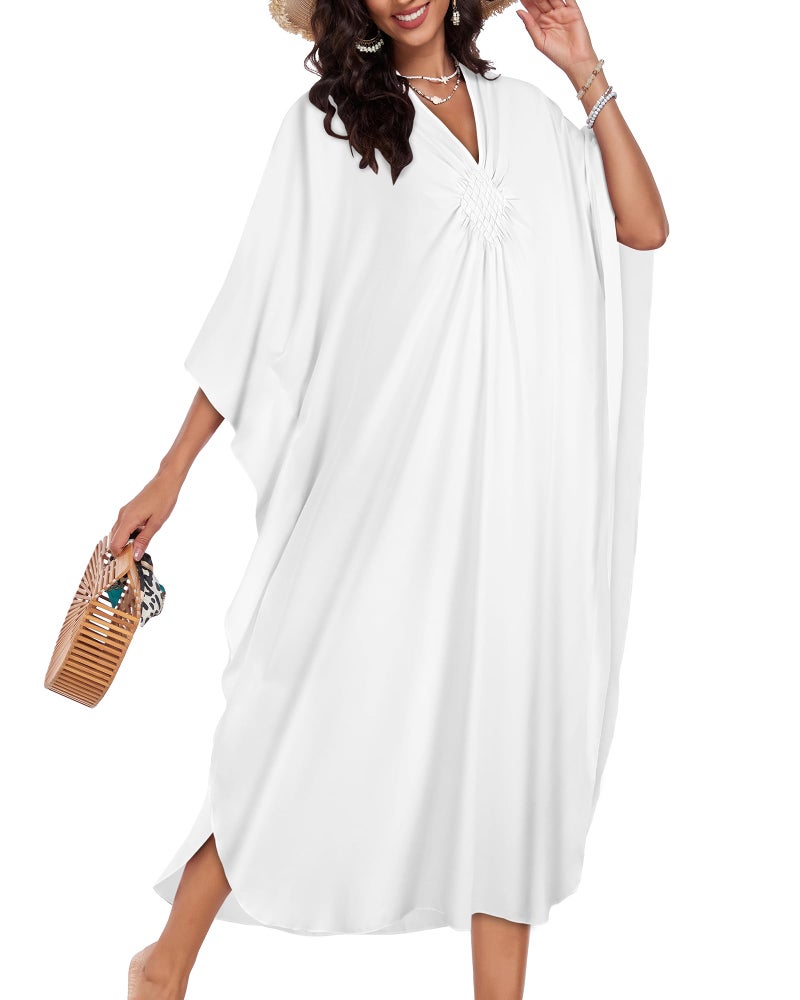 JILUVIN Kaftan Dresses for Women Plus Size V Neck Caftans Long Batwing Sleeve Beach Cover Ups Summer Floral Print Dress (White,One Size) - Image 2