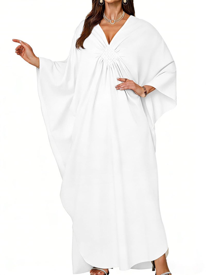 JILUVIN Kaftan Dresses for Women Plus Size V Neck Caftans Long Batwing Sleeve Beach Cover Ups Summer Floral Print Dress (White,One Size) - Image 1