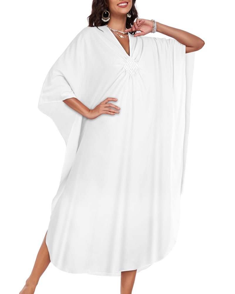 JILUVIN Kaftan Dresses for Women Plus Size V Neck Caftans Long Batwing Sleeve Beach Cover Ups Summer Floral Print Dress (White,One Size) - Image 3