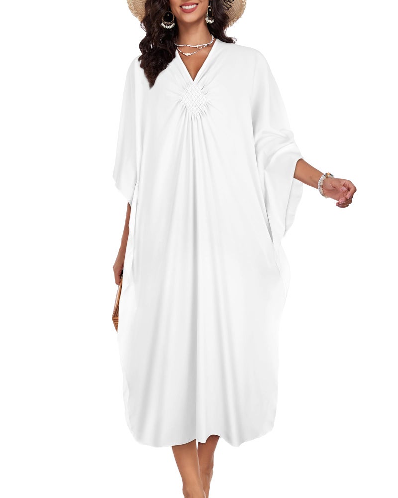 JILUVIN Kaftan Dresses for Women Plus Size V Neck Caftans Long Batwing Sleeve Beach Cover Ups Summer Floral Print Dress (White,One Size) - Image 4