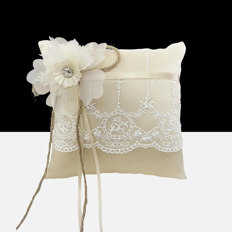 COSLANLEE Wedding Ring Bearer Pillow, Champagne Lace with Crystal Flower, Burlap Ring Cushion for Proposal Wedding Party Anniversary Ceromony, 6x6 Inches-F - Image 1