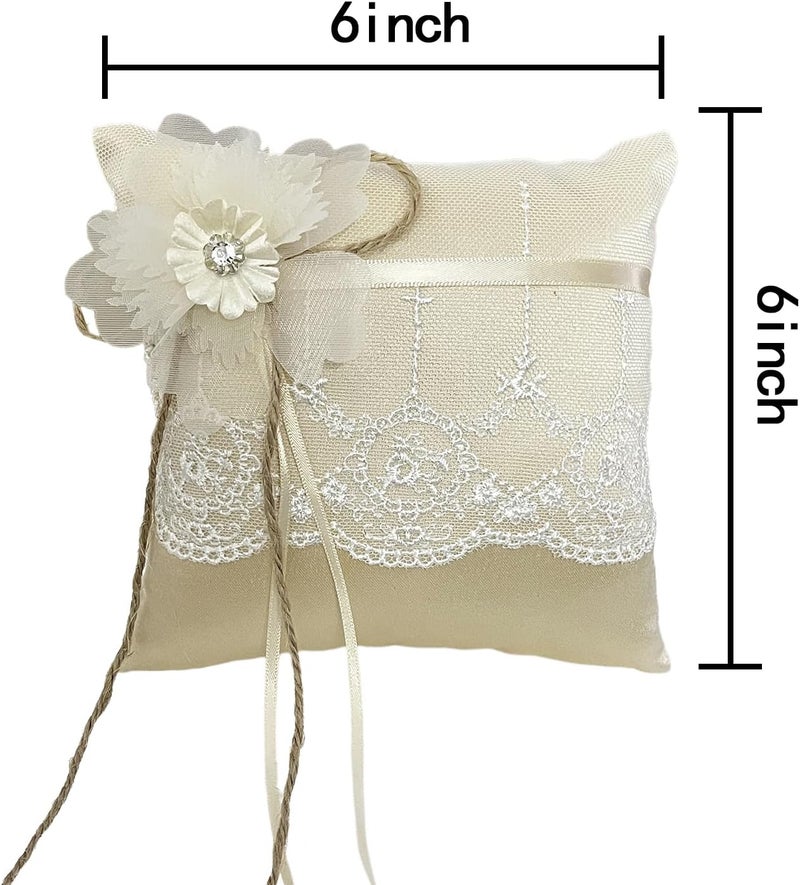 COSLANLEE Wedding Ring Bearer Pillow, Champagne Lace with Crystal Flower, Burlap Ring Cushion for Proposal Wedding Party Anniversary Ceromony, 6x6 Inches-F - Image 2