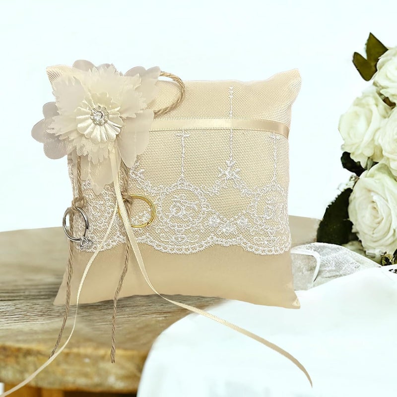 COSLANLEE Wedding Ring Bearer Pillow, Champagne Lace with Crystal Flower, Burlap Ring Cushion for Proposal Wedding Party Anniversary Ceromony, 6x6 Inches-F - Image 4