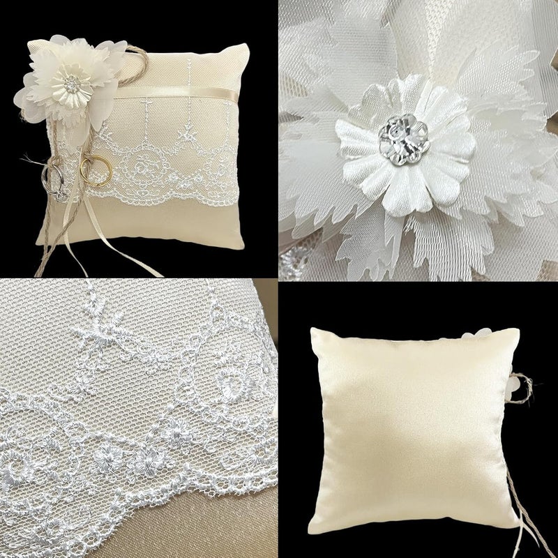 COSLANLEE Wedding Ring Bearer Pillow, Champagne Lace with Crystal Flower, Burlap Ring Cushion for Proposal Wedding Party Anniversary Ceromony, 6x6 Inches-F - Image 3